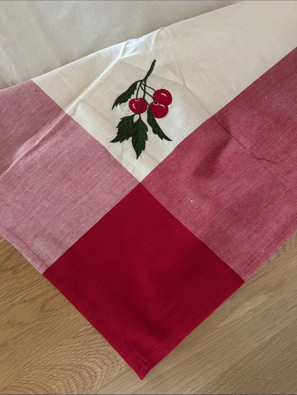 April Cornell Vintage Red and Cream Linen Tablecloth with Embroidered Cherries